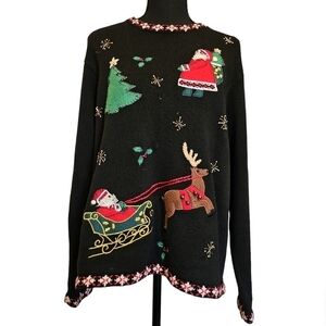 Lemon Grass Vintage Ugly Sweater Santa Reindeer 55% Ramie 45% Cotton Size L